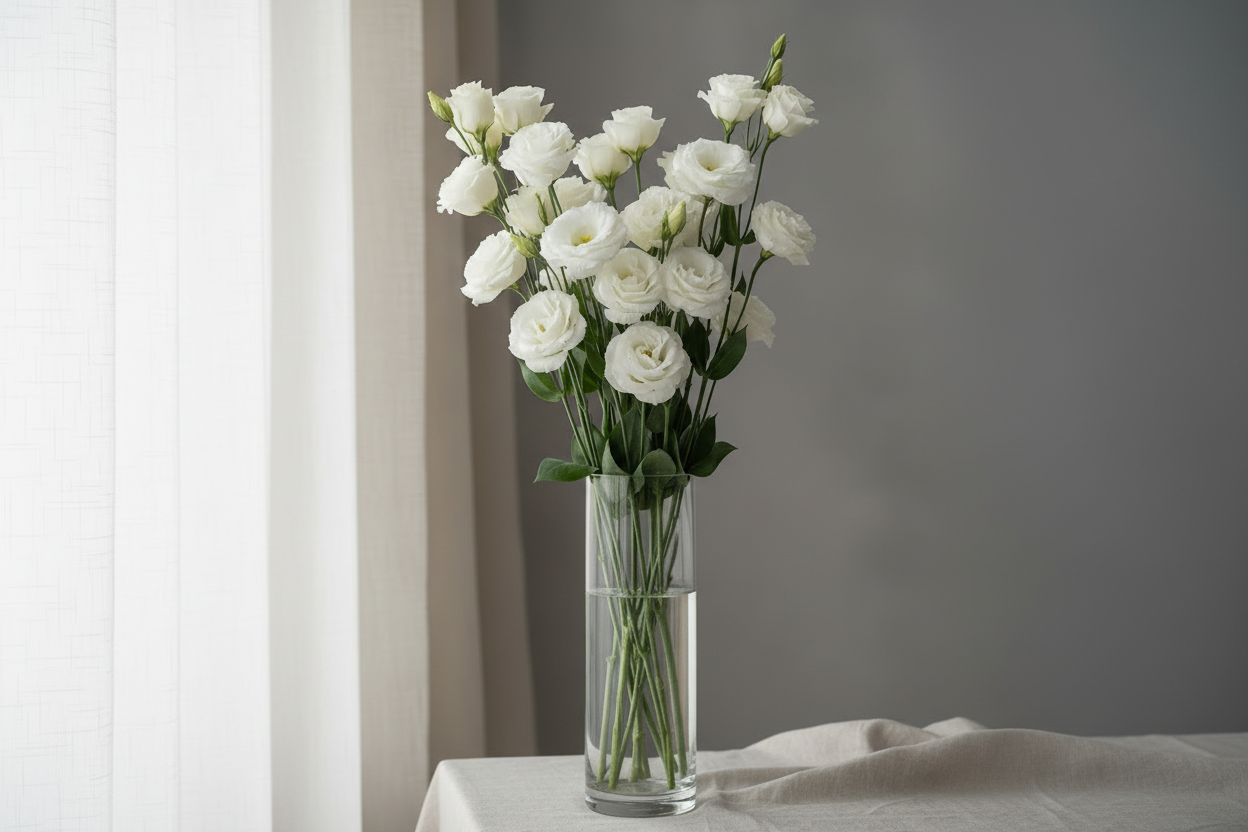 long stem bouquet of white lisianthus in a tall elegant vase