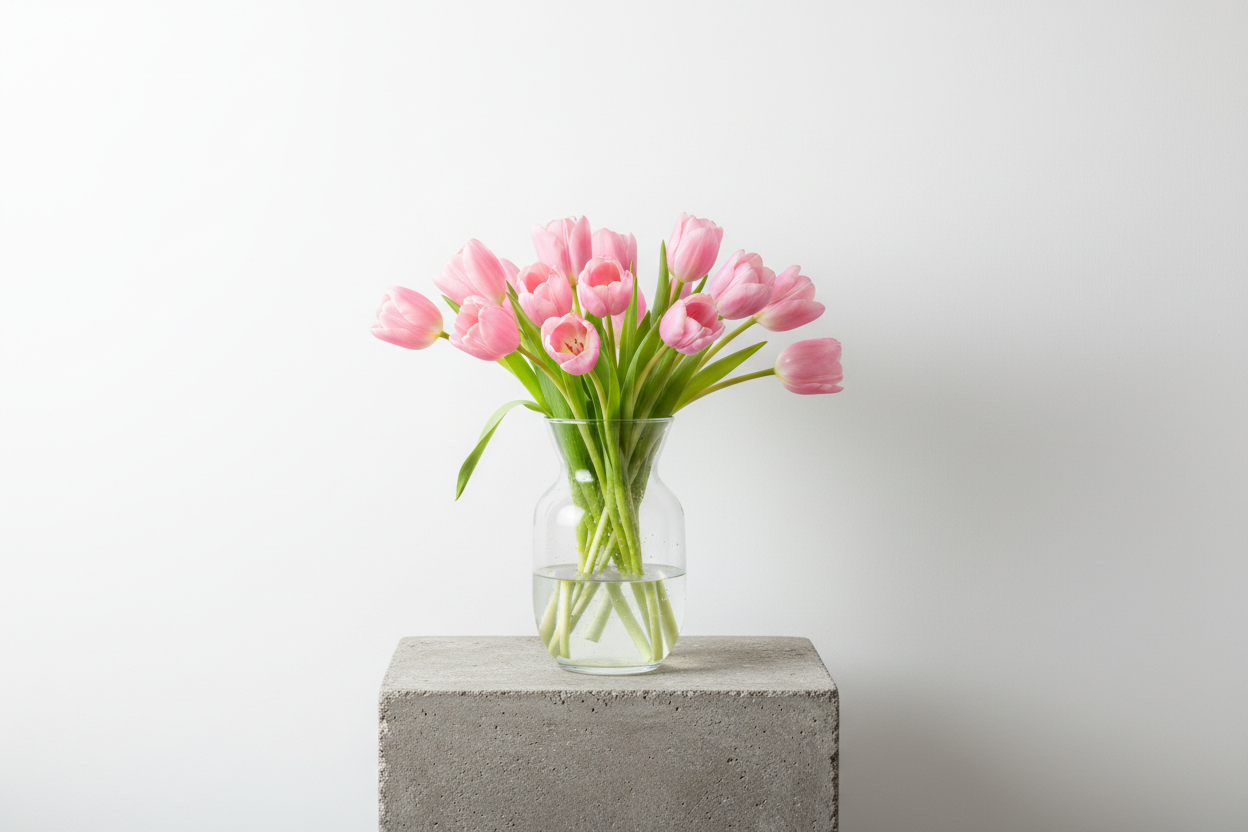 pink tulips in a plain clear vase on a stone plinth and white walled background studio